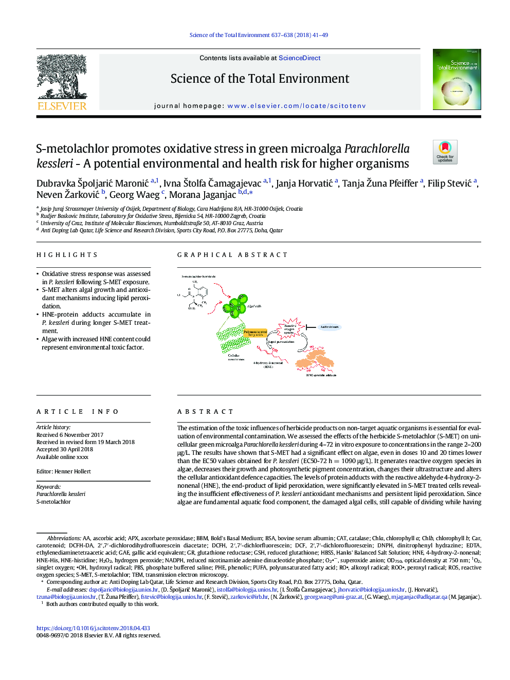 S-metolachlor promotes oxidative stress in green microalga Parachlorella kessleri - A potential environmental and health risk for higher organisms