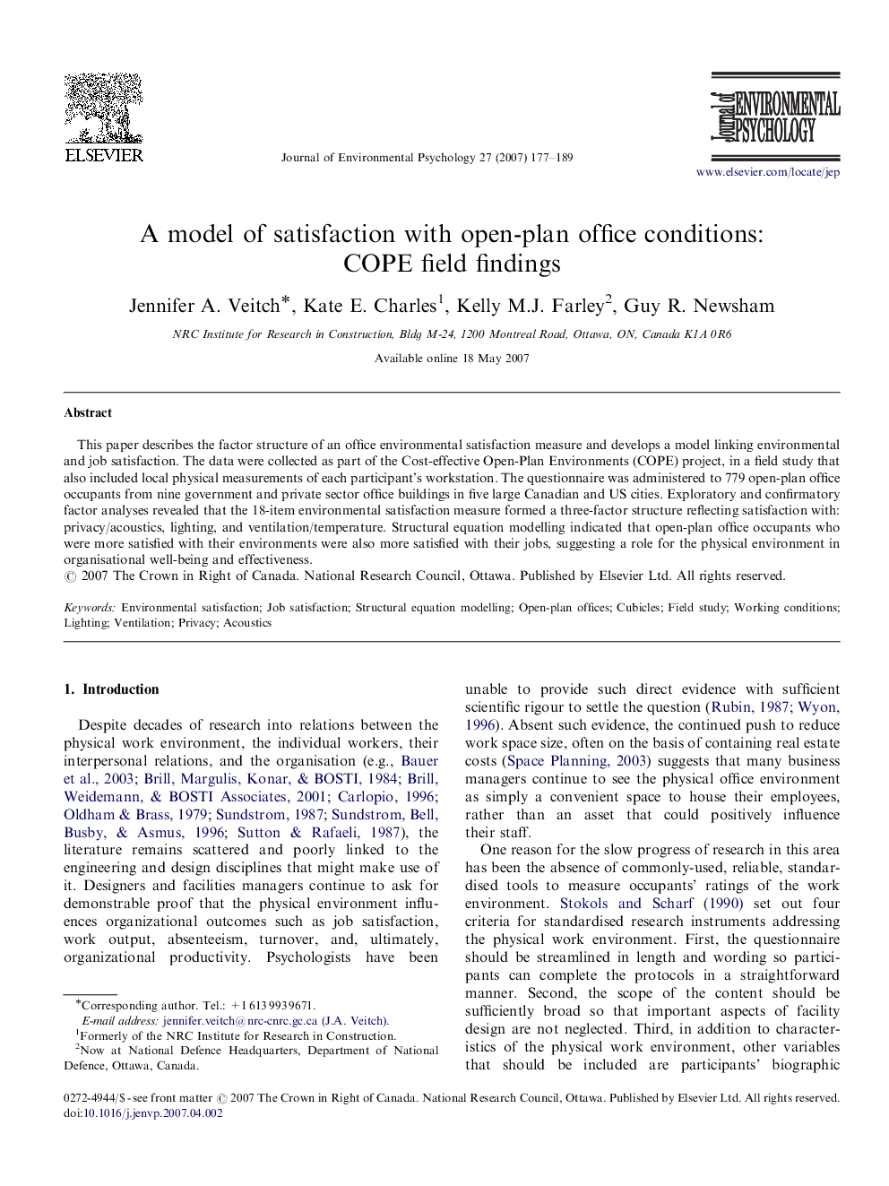 A model of satisfaction with open-plan office conditions: COPE field findings