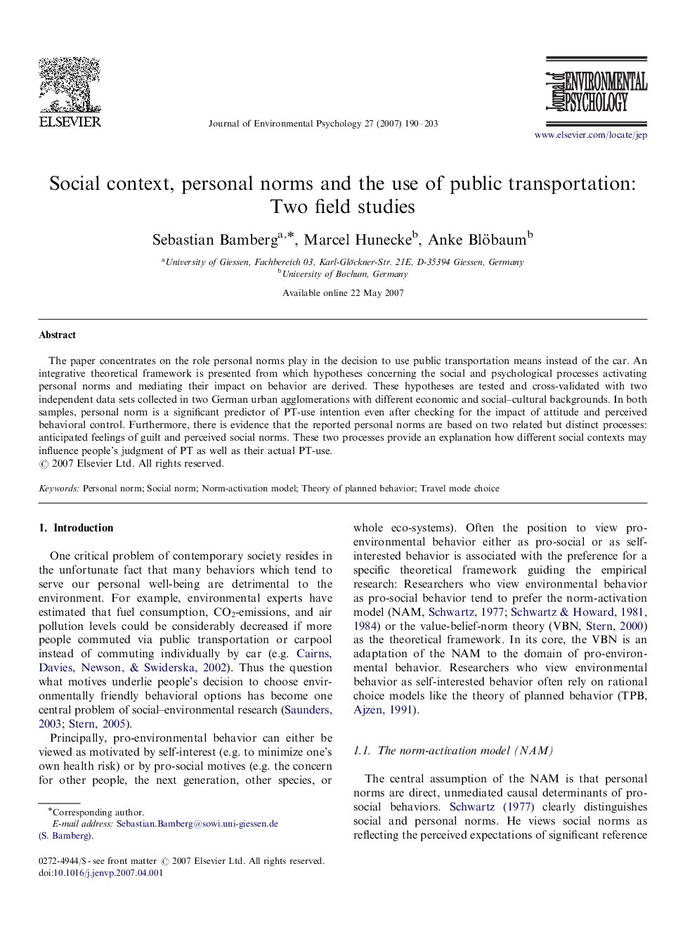 Social context, personal norms and the use of public transportation: Two field studies