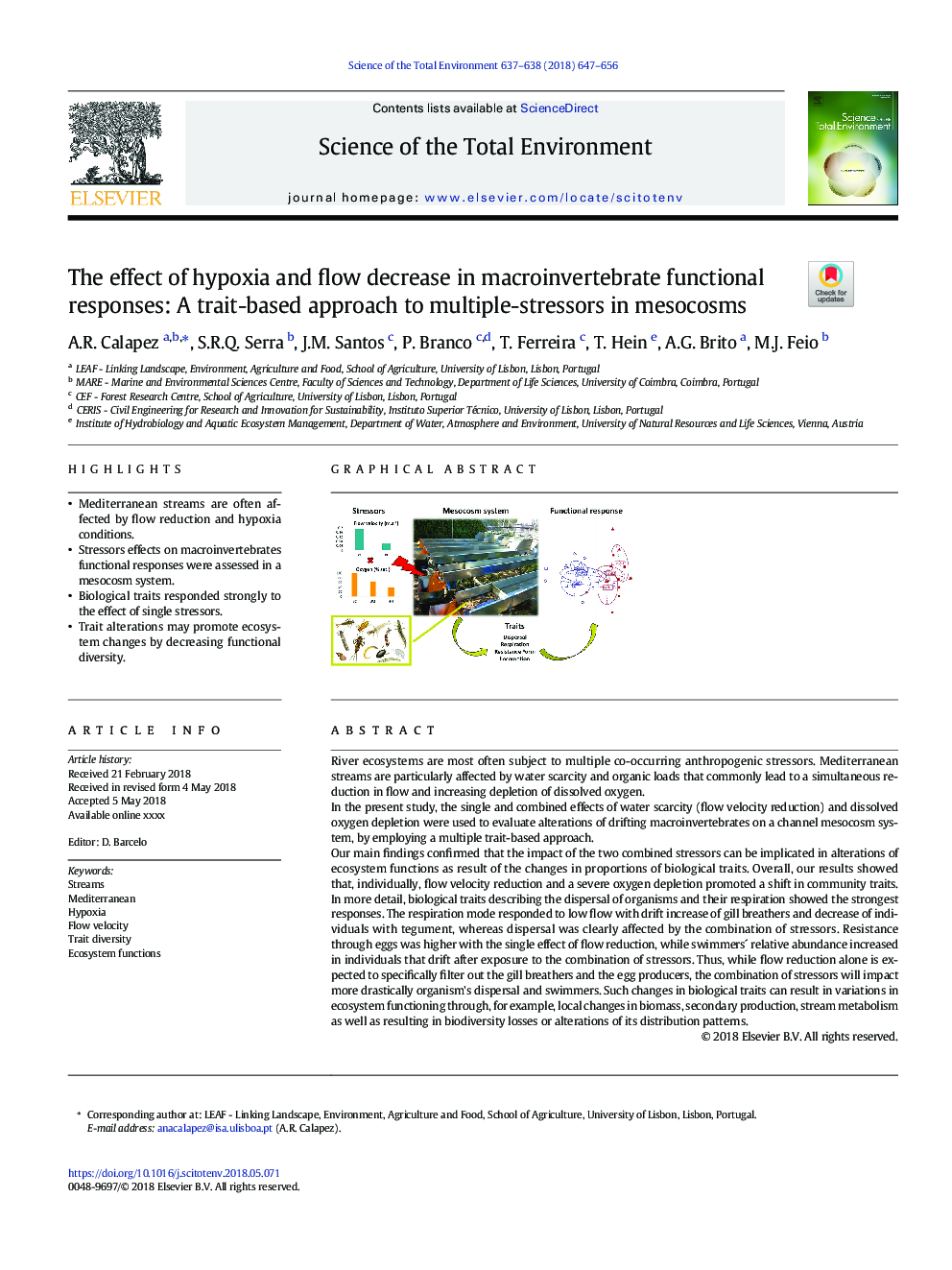 The effect of hypoxia and flow decrease in macroinvertebrate functional responses: A trait-based approach to multiple-stressors in mesocosms