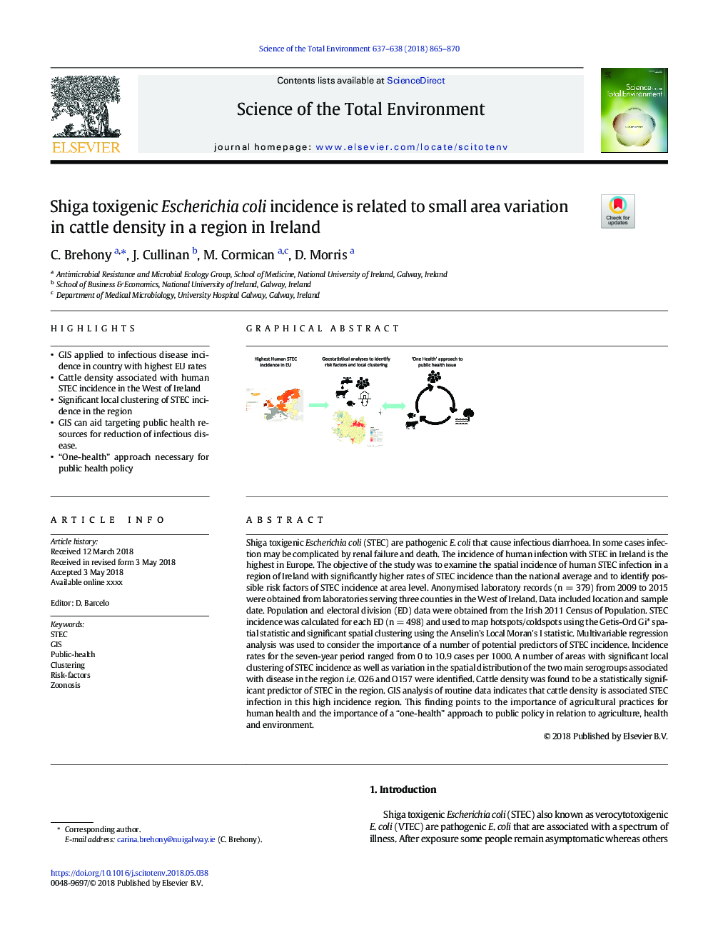 Shiga toxigenic Escherichia coli incidence is related to small area variation in cattle density in a region in Ireland