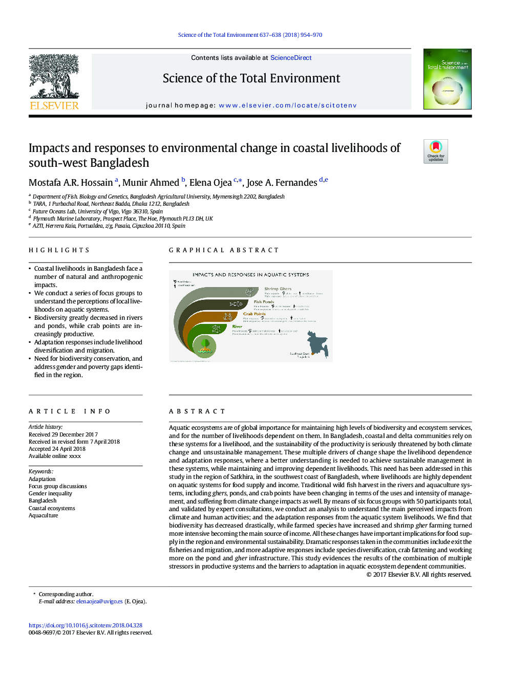 Impacts and responses to environmental change in coastal livelihoods of south-west Bangladesh