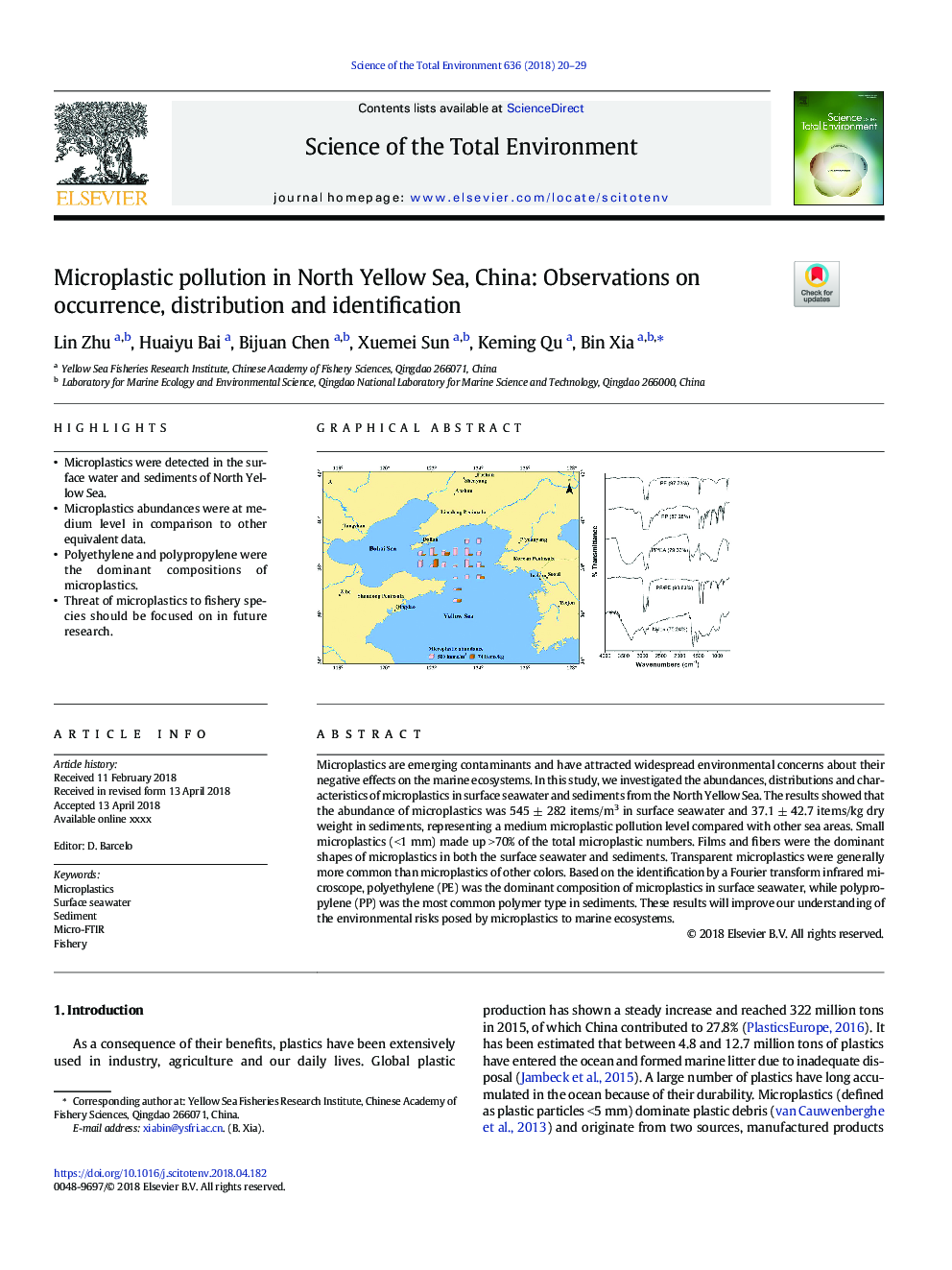 آلودگی میکرو پلاستیک در دریای شمال زا، چین: مشاهدات مربوط به وقوع، توزیع و شناسایی 