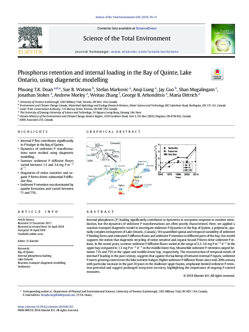احتباس فسفر و بارگیری داخلی در خلیج کوئینت، دریاچه انتاریو، با استفاده از مدل سازی دیگنتیک 