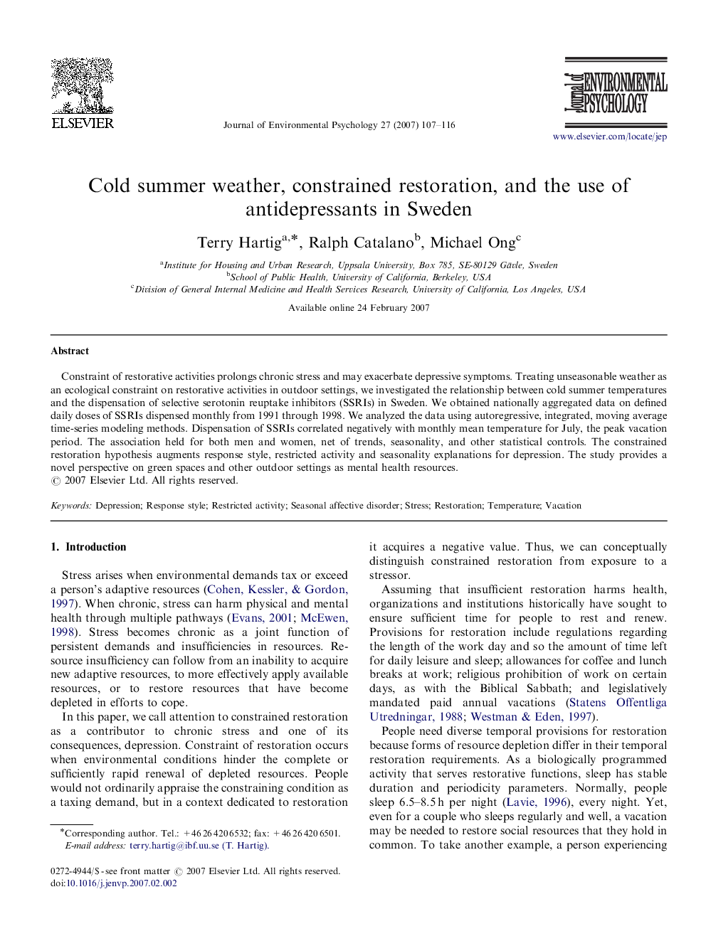 Cold summer weather, constrained restoration, and the use of antidepressants in Sweden