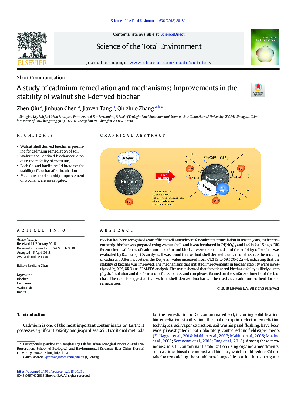 مطالعه ای در مورد احیاء کادمیم و مکانیسم ها: بهبود در ثبات زیست گه های حاصل از پوسته گردو 