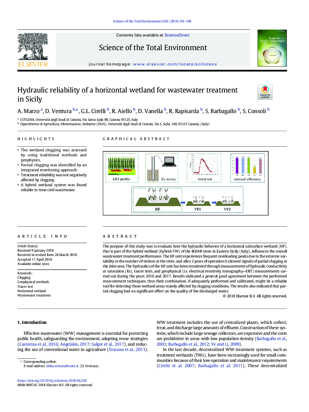 Hydraulic reliability of a horizontal wetland for wastewater treatment in Sicily