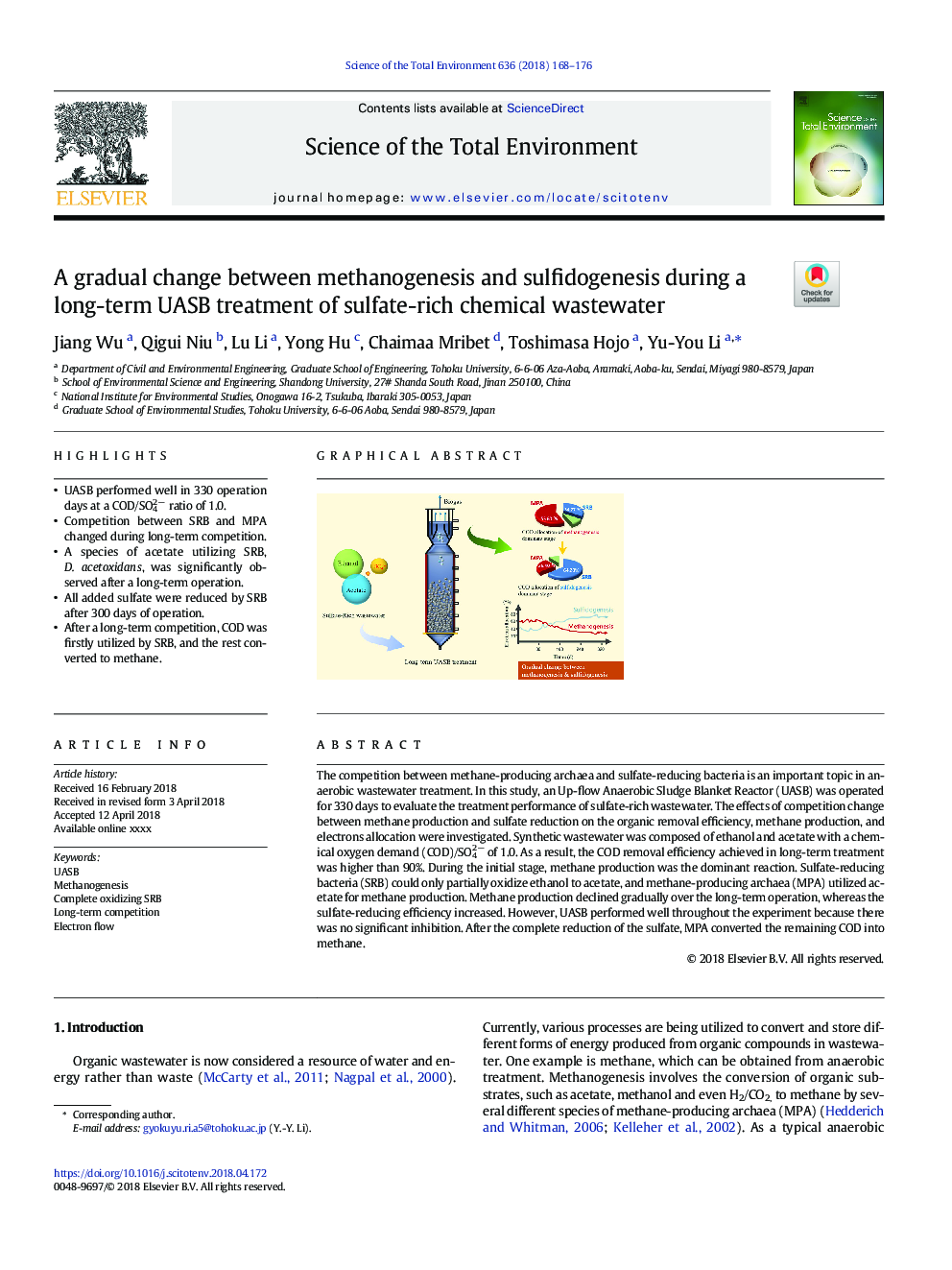 A gradual change between methanogenesis and sulfidogenesis during a long-term UASB treatment of sulfate-rich chemical wastewater