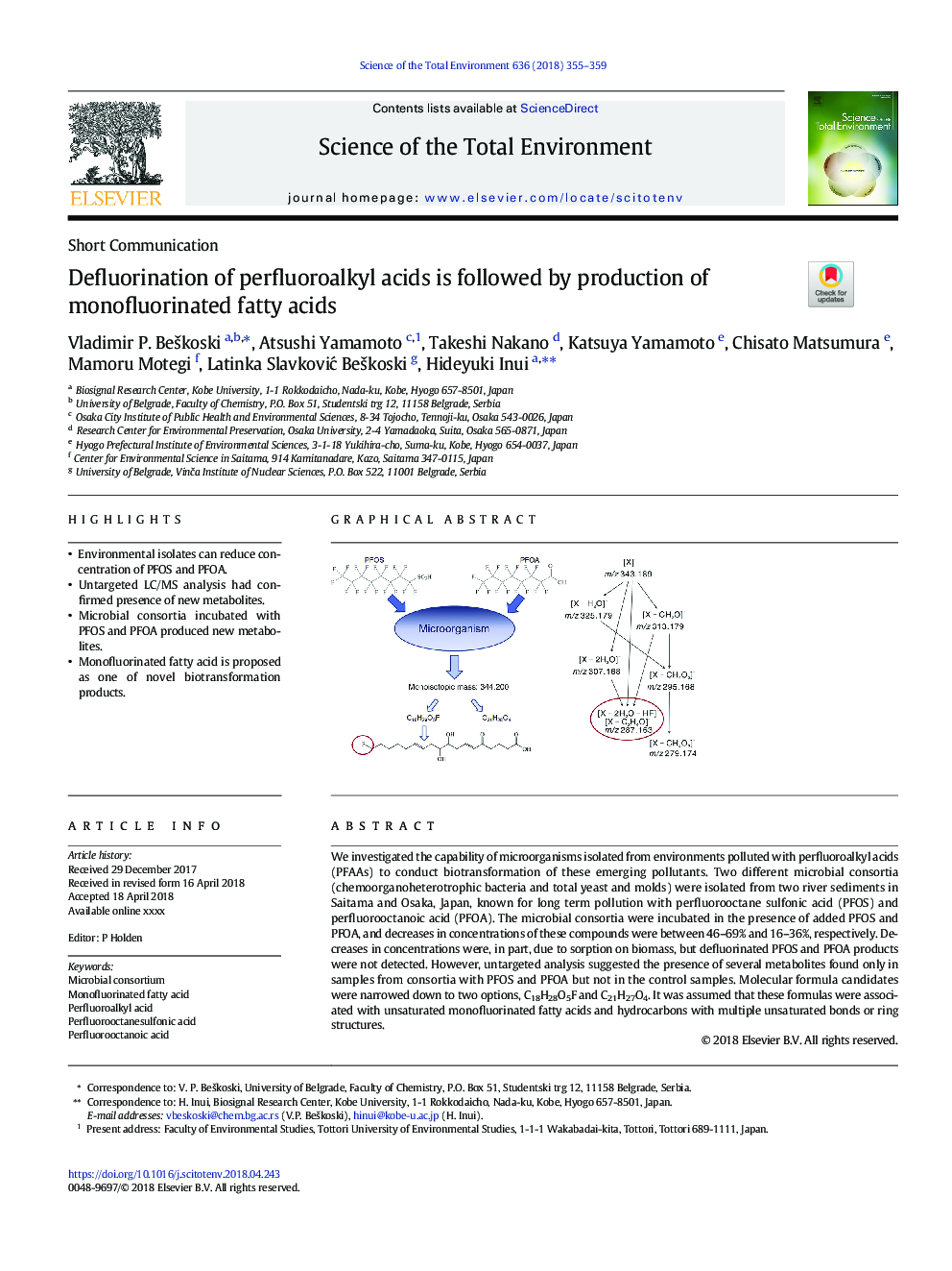 Defluorination of perfluoroalkyl acids is followed by production of monofluorinated fatty acids