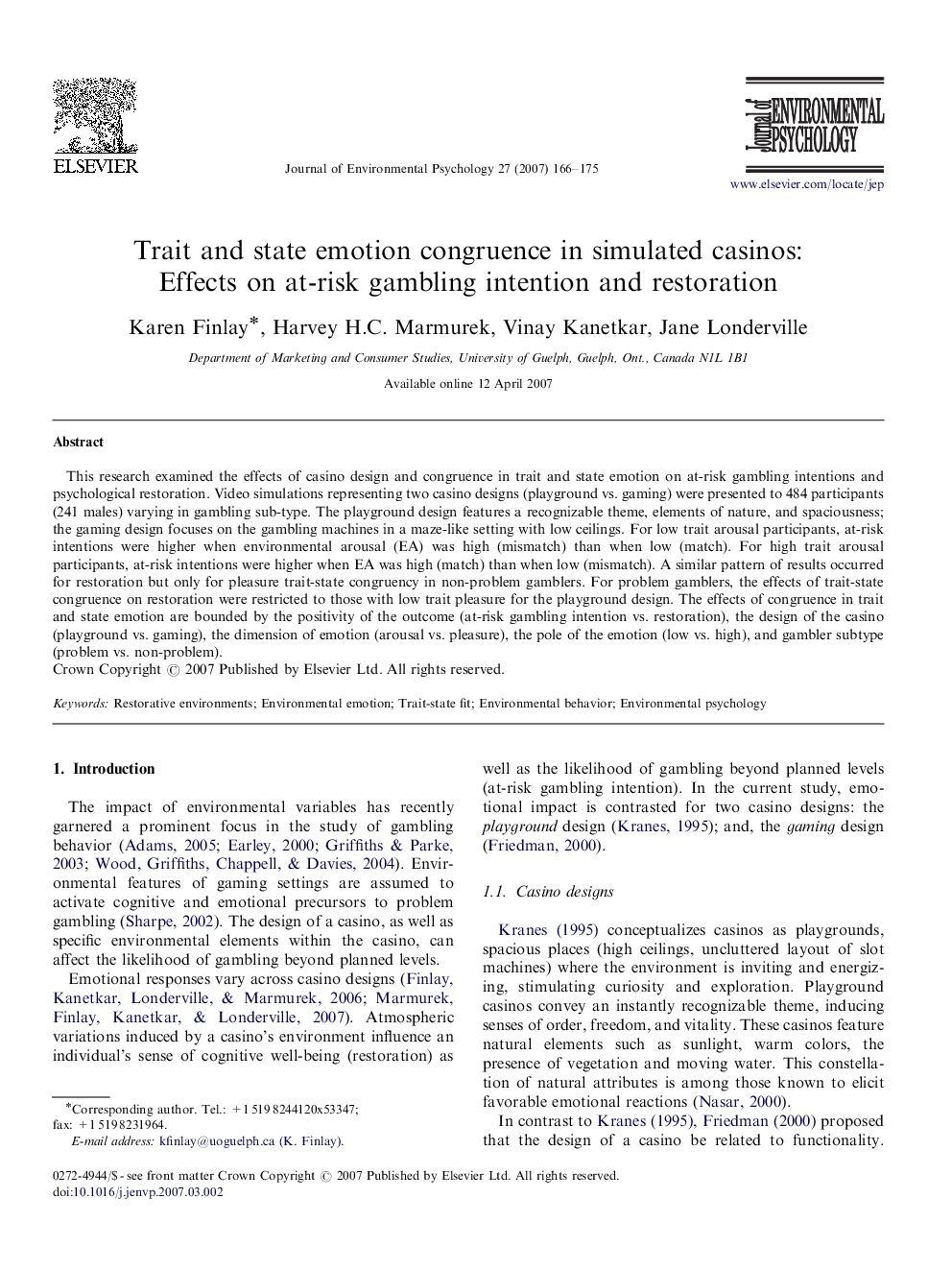 Trait and state emotion congruence in simulated casinos: Effects on at-risk gambling intention and restoration