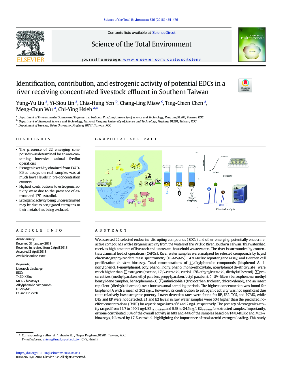 عکس صفحه اول مقاله: Identification, contribution, and estrogenic activity of potential EDCs in a river receiving concentrated livestock effluent in Southern Taiwan Identification, contribution, and estrogenic activity of potential EDCs in a river receiving concentrated livestock effluent in Southern Taiwan