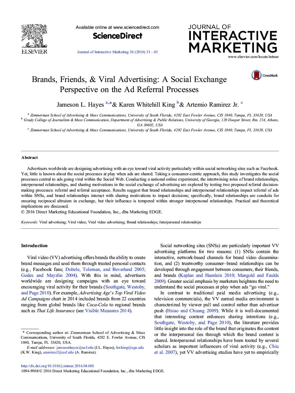 Brands, Friends, & Viral Advertising: A Social Exchange Perspective on the Ad Referral Processes