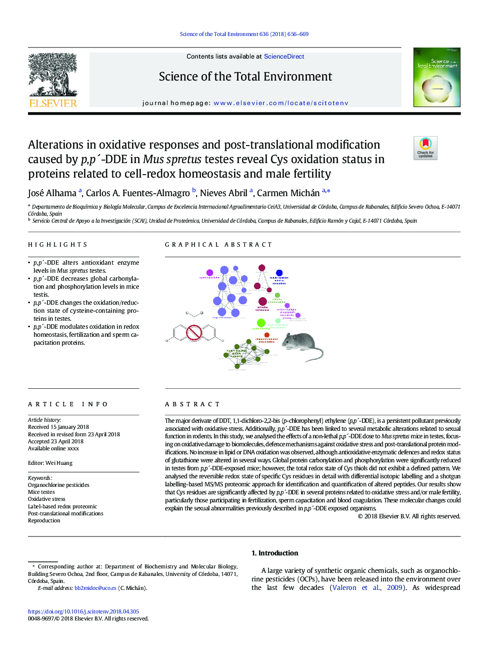 Alterations in oxidative responses and post-translational modification caused by p,pÂ´-DDE in Mus spretus testes reveal Cys oxidation status in proteins related to cell-redox homeostasis and male fertility