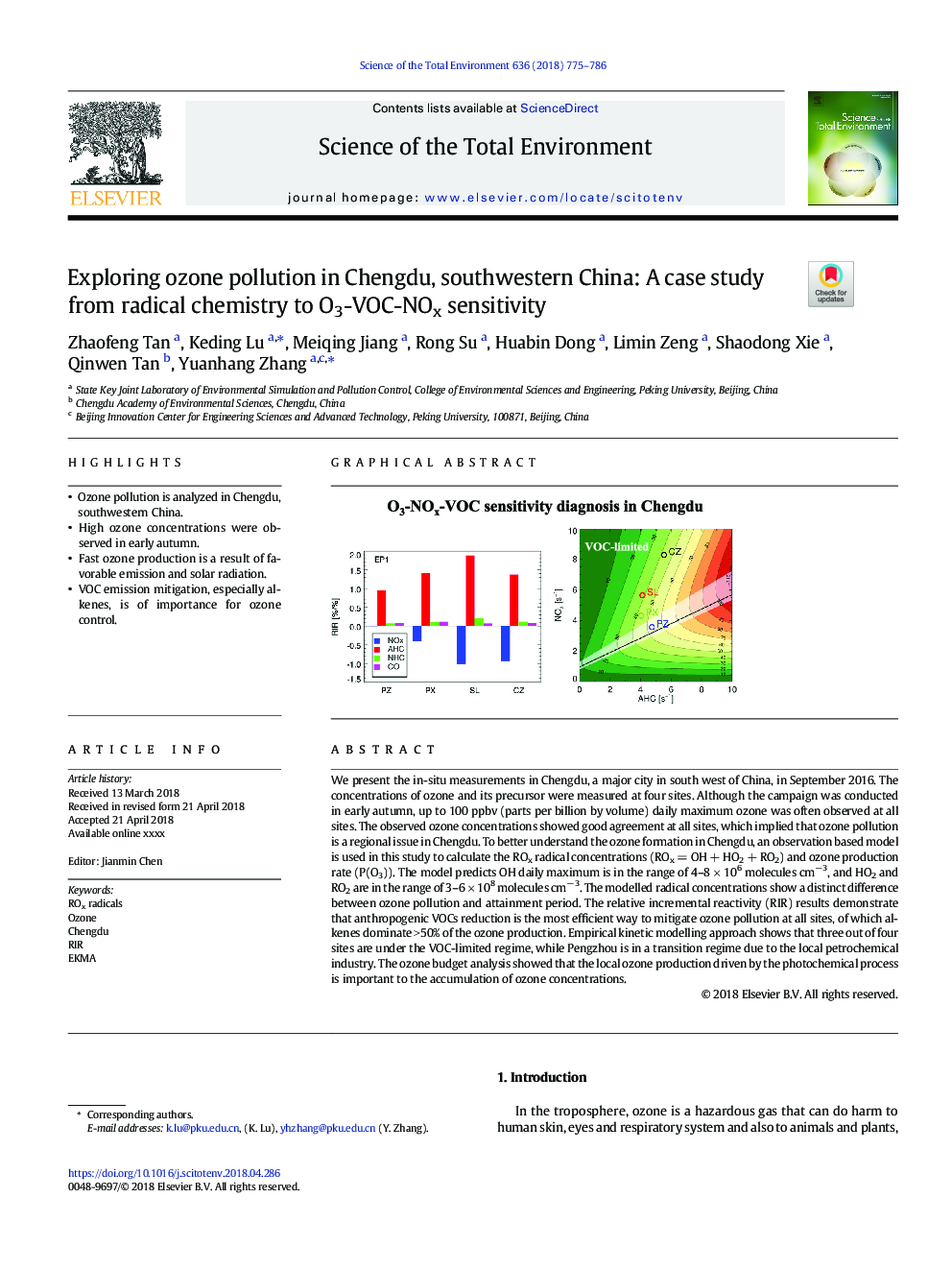 Exploring ozone pollution in Chengdu, southwestern China: A case study from radical chemistry to O3-VOC-NOx sensitivity