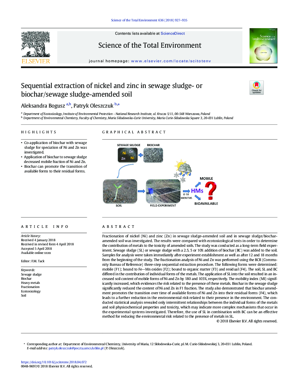 Sequential extraction of nickel and zinc in sewage sludge- or biochar/sewage sludge-amended soil