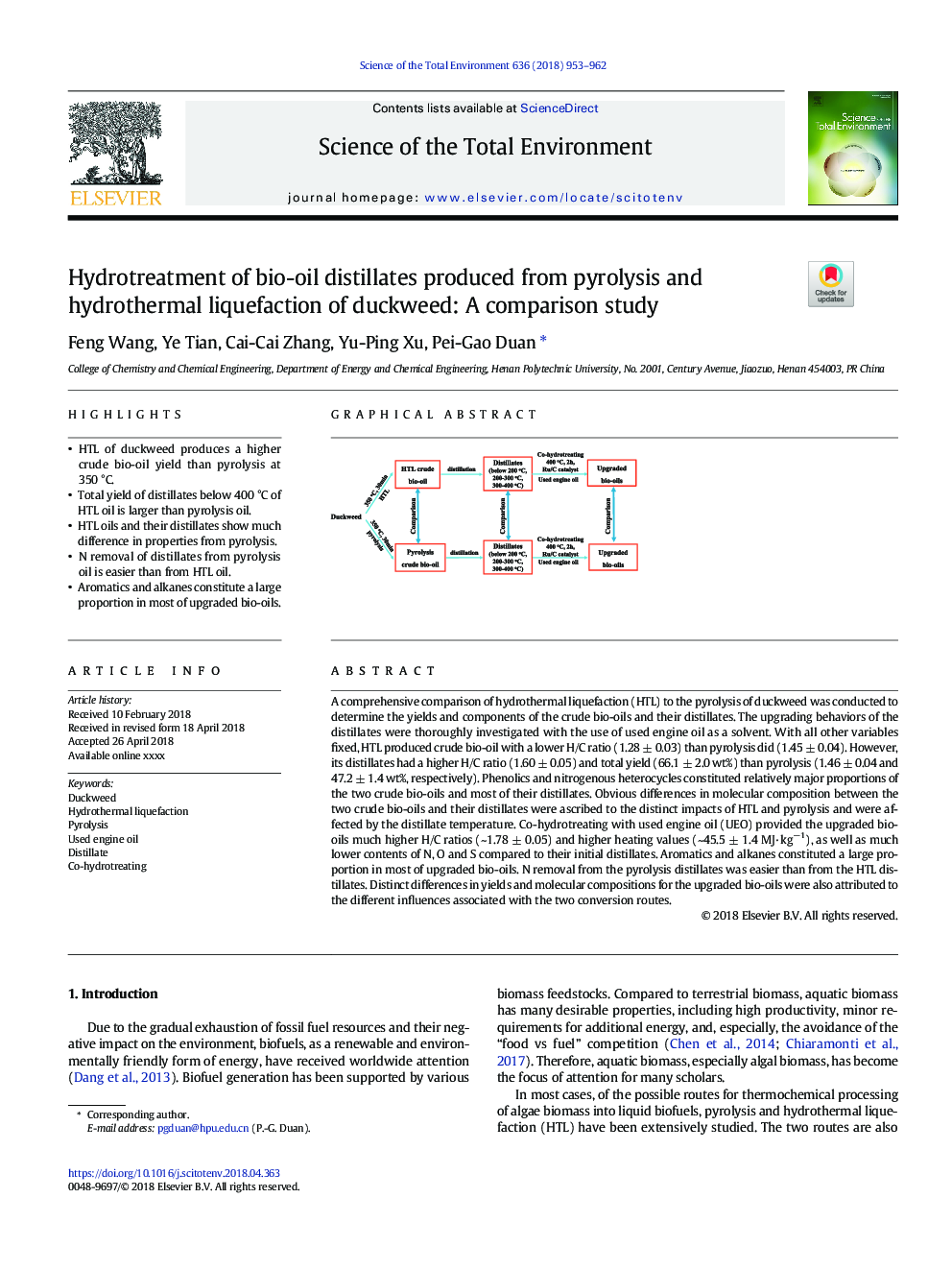 Hydrotreatment of bio-oil distillates produced from pyrolysis and hydrothermal liquefaction of duckweed: A comparison study