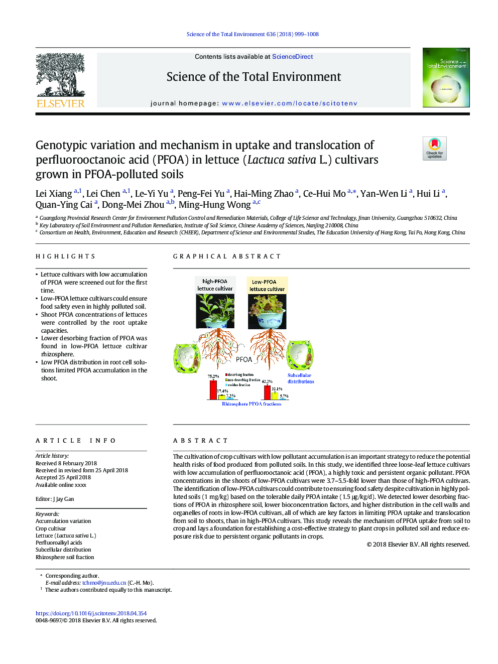 Genotypic variation and mechanism in uptake and translocation of perfluorooctanoic acid (PFOA) in lettuce (Lactuca sativa L.) cultivars grown in PFOA-polluted soils