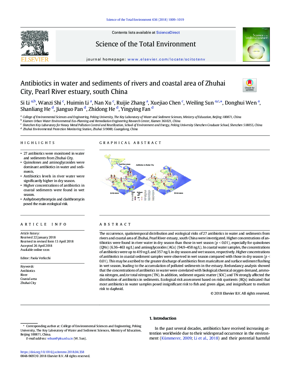 Antibiotics in water and sediments of rivers and coastal area of Zhuhai City, Pearl River estuary, south China