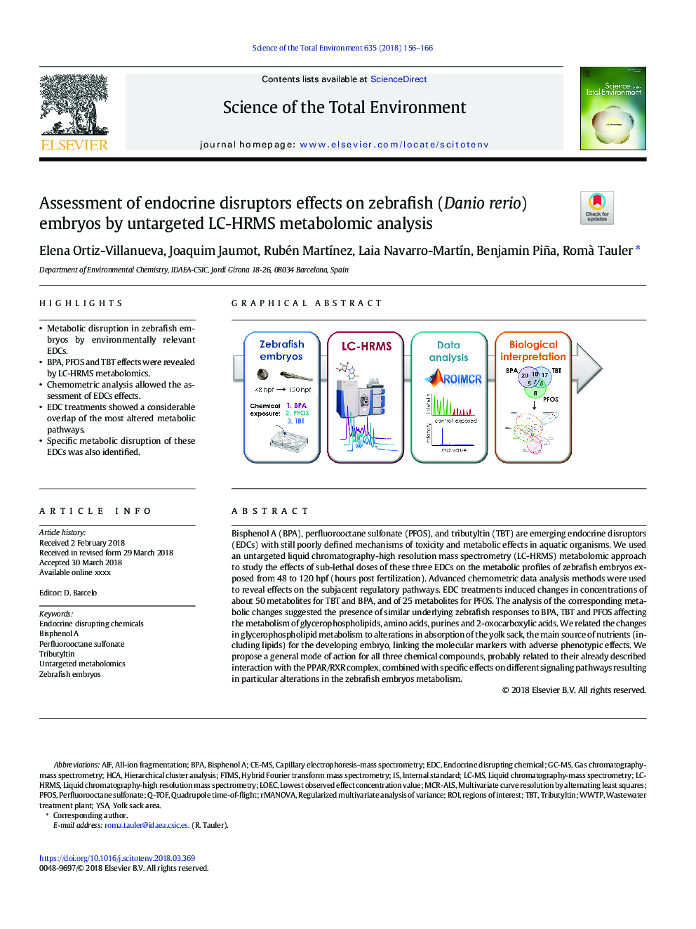عکس صفحه اول مقاله: Assessment of endocrine disruptors effects on zebrafish (Danio rerio) embryos by untargeted LC-HRMS metabolomic analysis Assessment of endocrine disruptors effects on zebrafish (Danio rerio) embryos by untargeted LC-HRMS metabolomic analysis