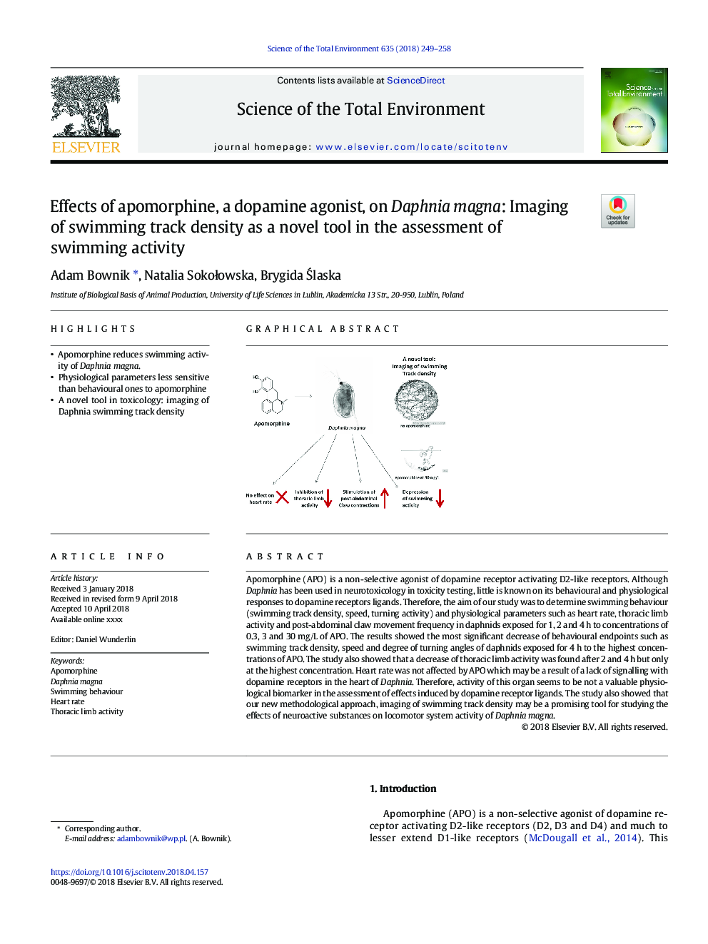 Effects of apomorphine, a dopamine agonist, on Daphnia magna: Imaging of swimming track density as a novel tool in the assessment of swimming activity