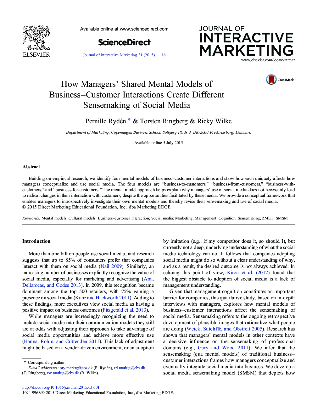 How Managers' Shared Mental Models of Business–Customer Interactions Create Different Sensemaking of Social Media