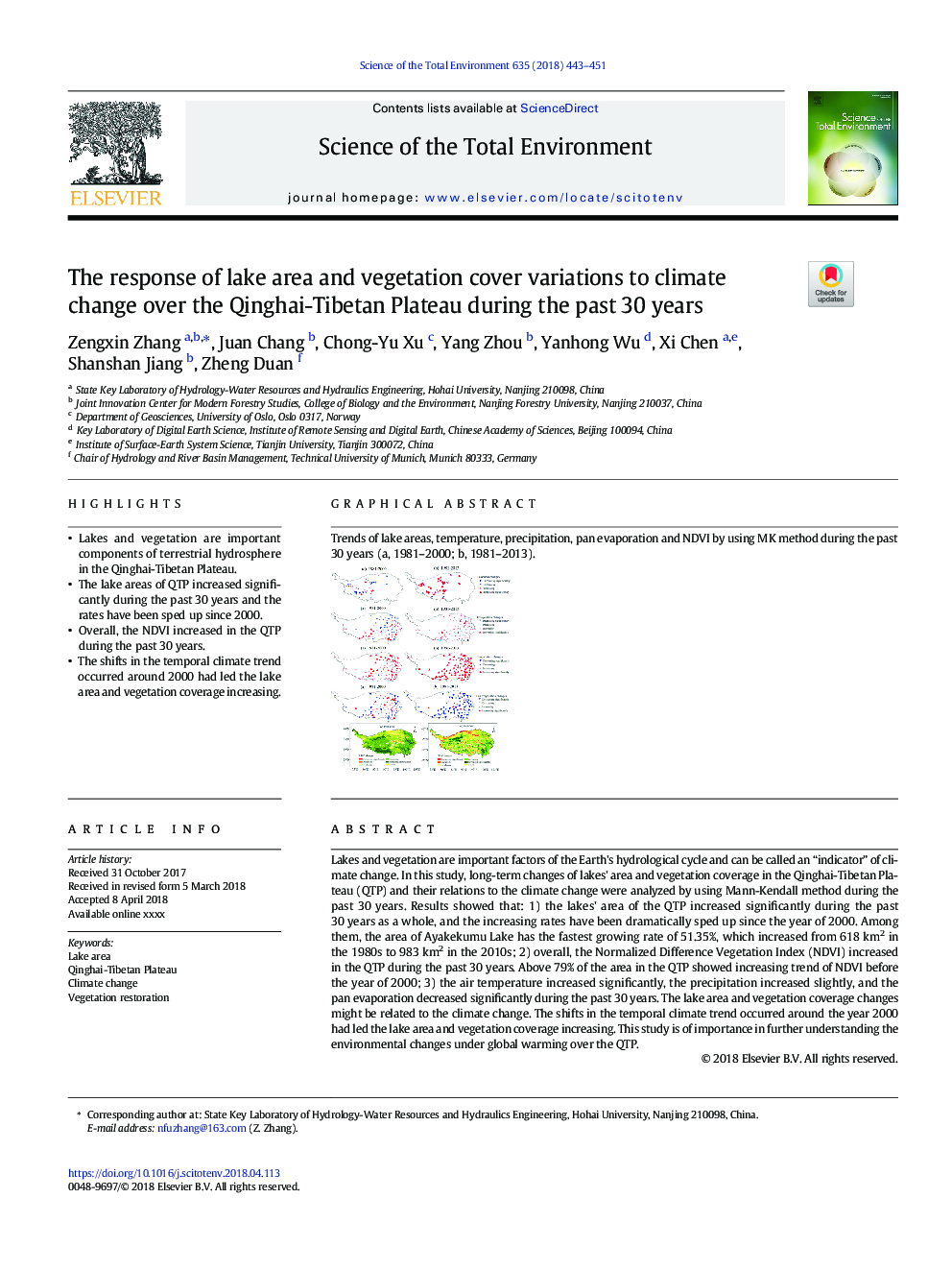 The response of lake area and vegetation cover variations to climate change over the Qinghai-Tibetan Plateau during the past 30Â years