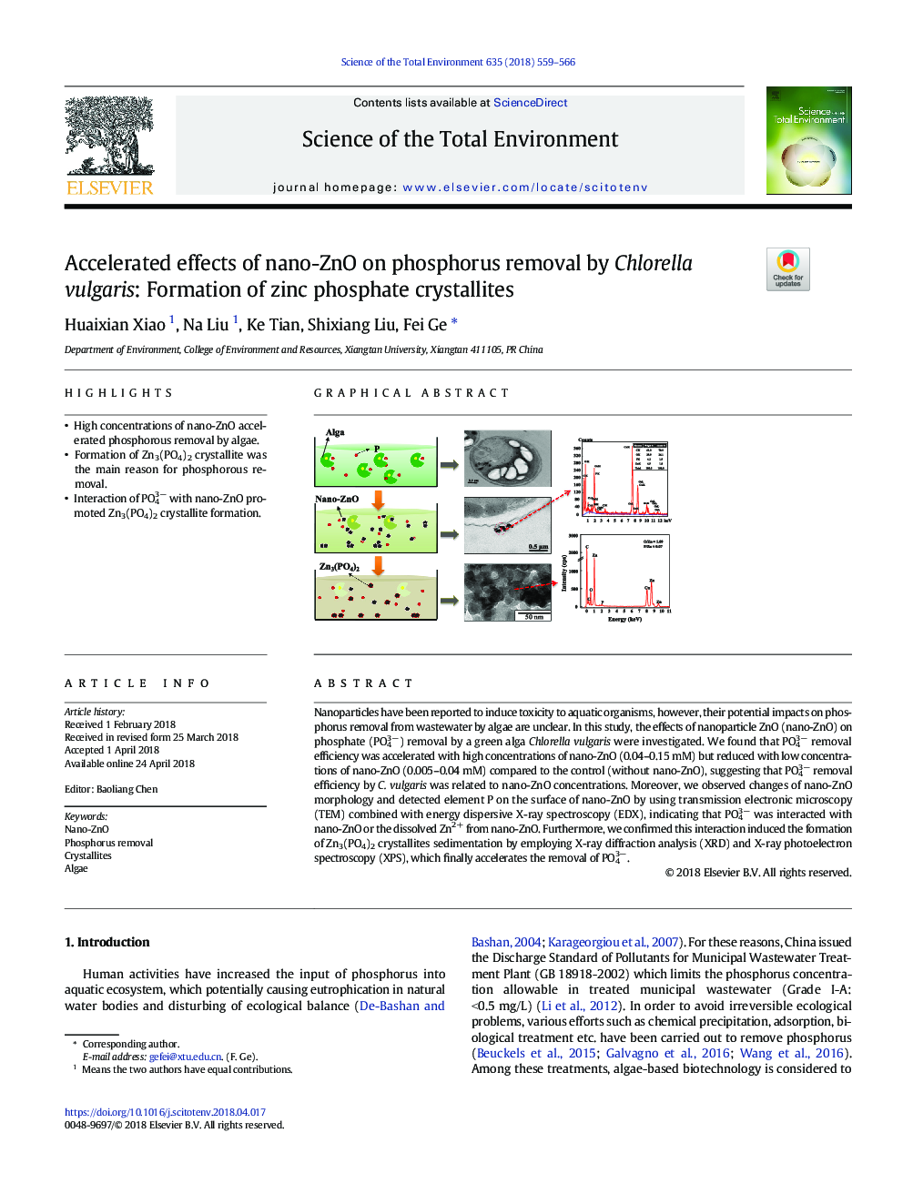 Accelerated effects of nano-ZnO on phosphorus removal by Chlorella vulgaris: Formation of zinc phosphate crystallites