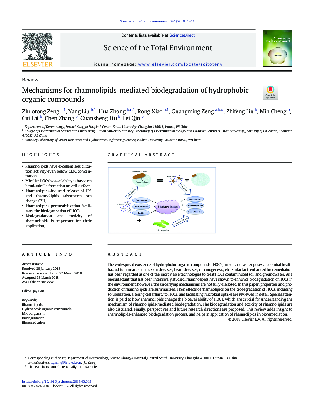 Mechanisms for rhamnolipids-mediated biodegradation of hydrophobic organic compounds