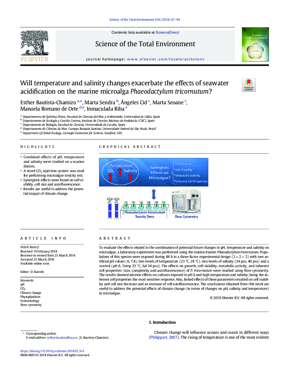 Will temperature and salinity changes exacerbate the effects of seawater acidification on the marine microalga Phaeodactylum tricornutum?