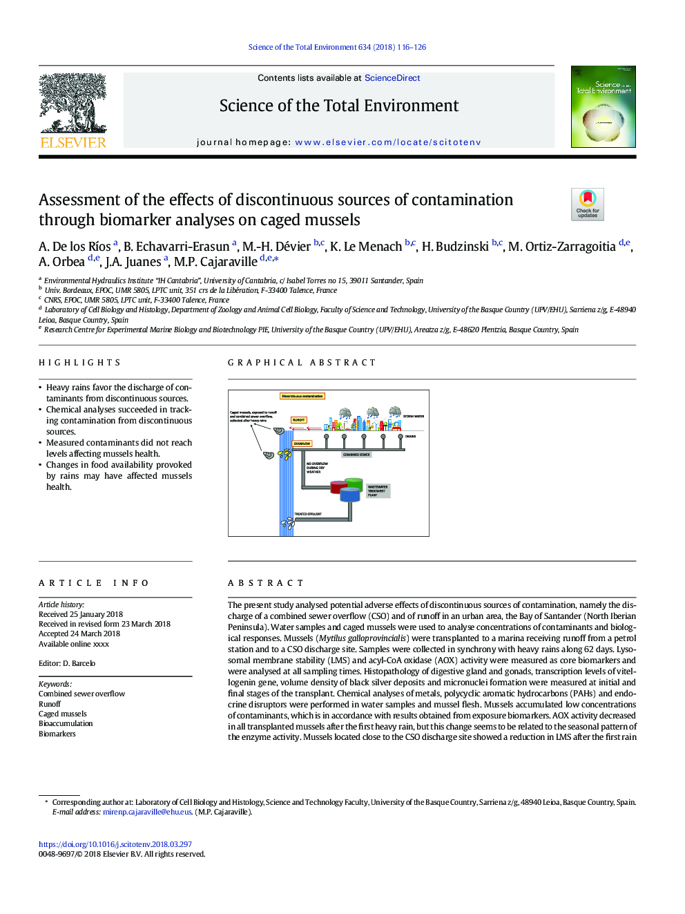 Assessment of the effects of discontinuous sources of contamination through biomarker analyses on caged mussels