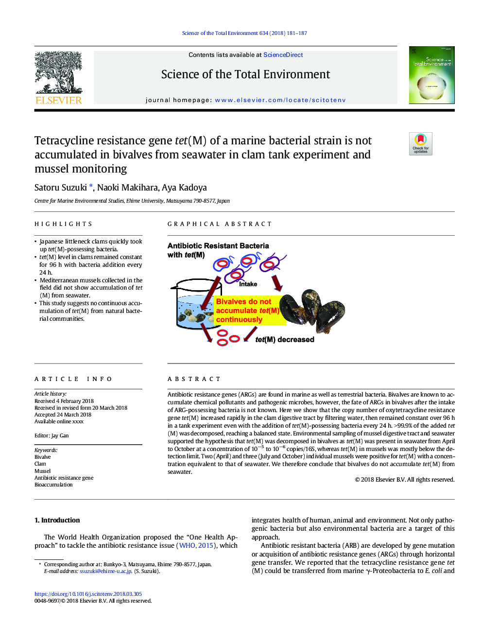 Tetracycline resistance gene tet(M) of a marine bacterial strain is not accumulated in bivalves from seawater in clam tank experiment and mussel monitoring