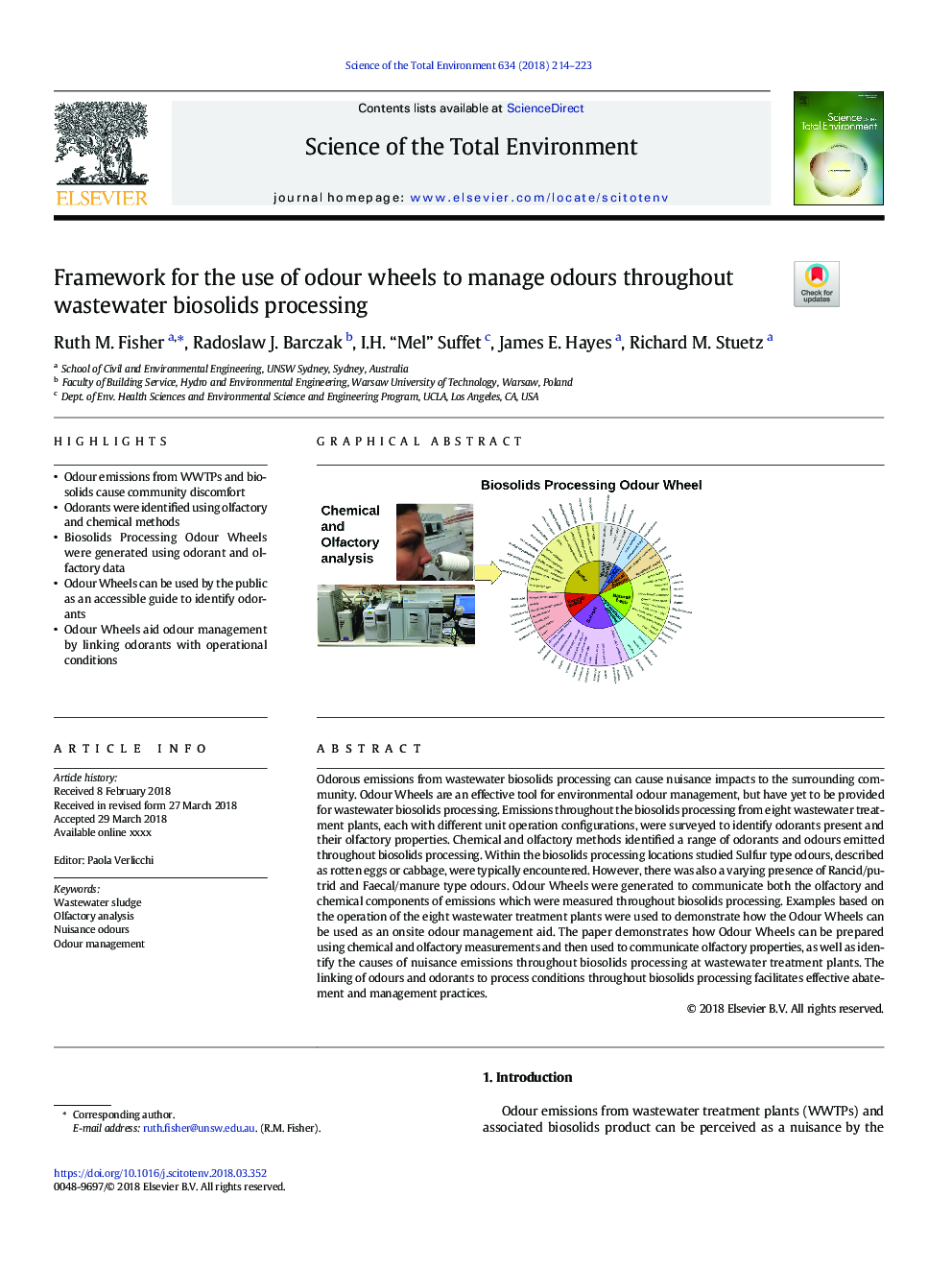 Framework for the use of odour wheels to manage odours throughout wastewater biosolids processing