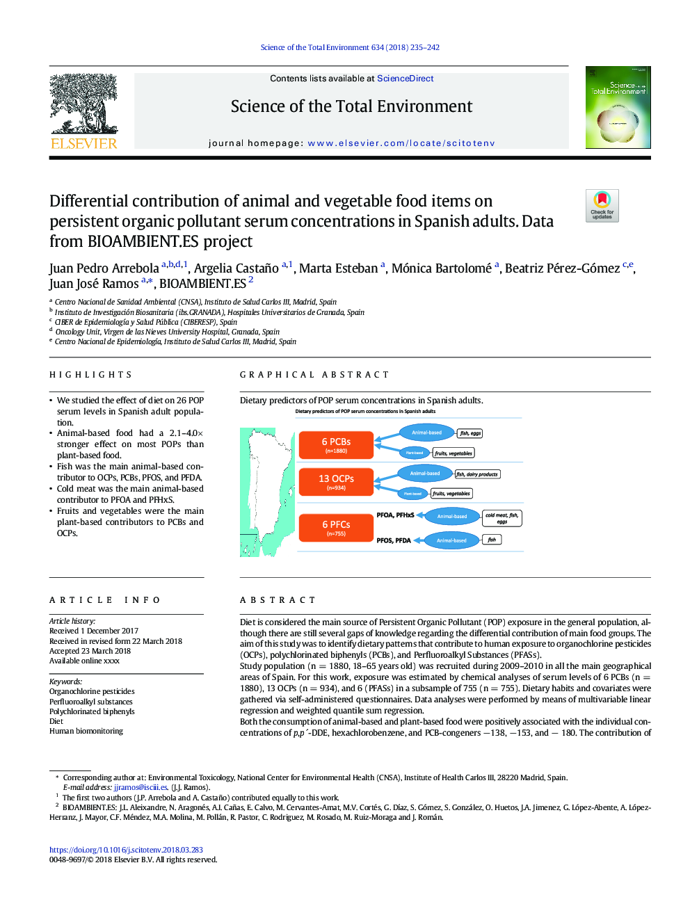 Differential contribution of animal and vegetable food items on persistent organic pollutant serum concentrations in Spanish adults. Data from BIOAMBIENT.ES project