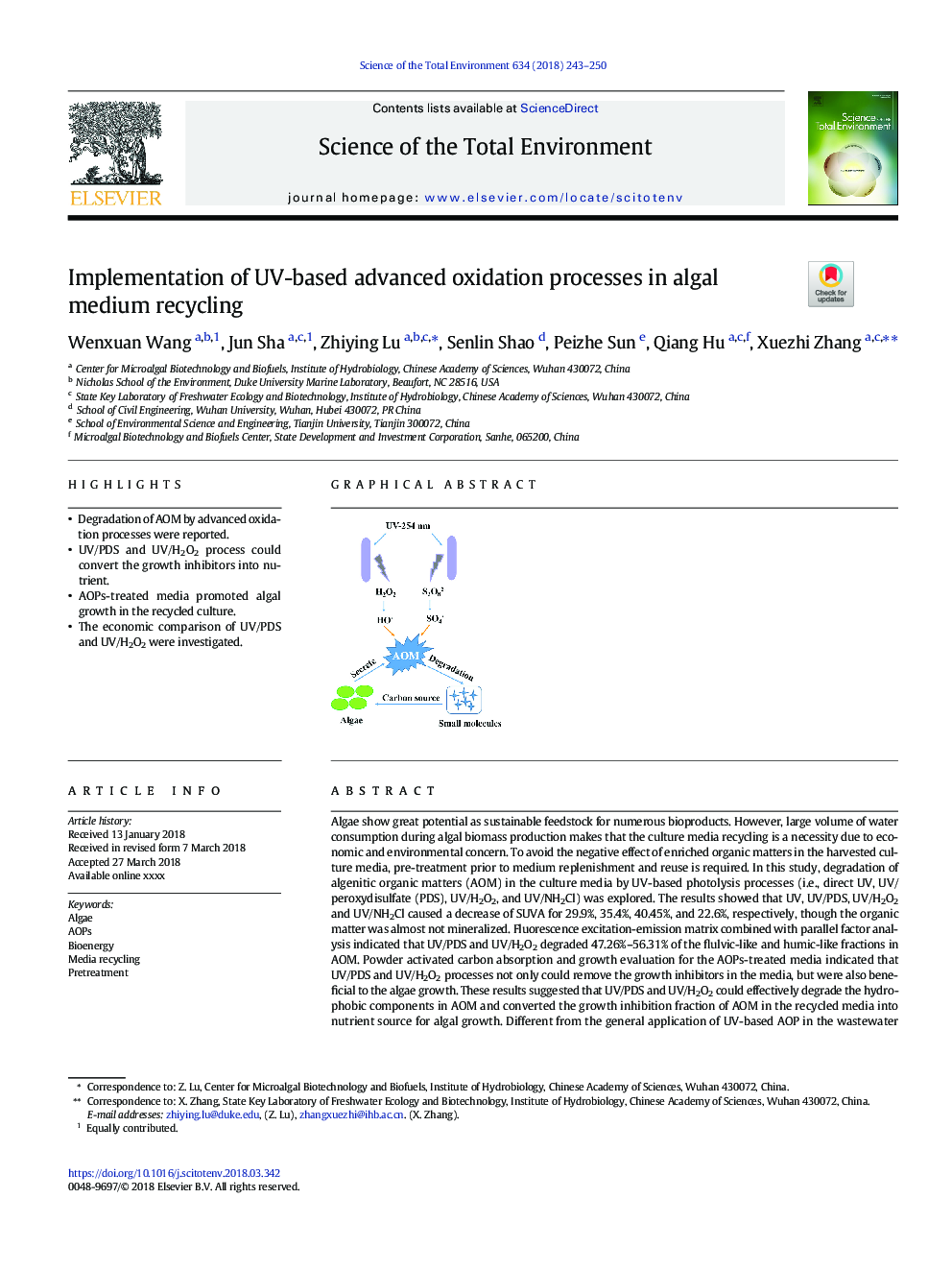 Implementation of UV-based advanced oxidation processes in algal medium recycling