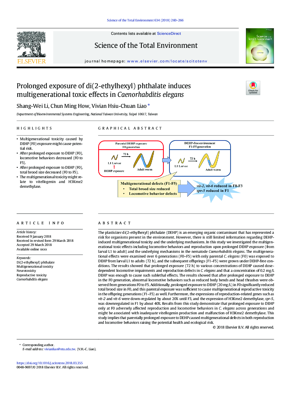 Prolonged exposure of di(2-ethylhexyl) phthalate induces multigenerational toxic effects in Caenorhabditis elegans