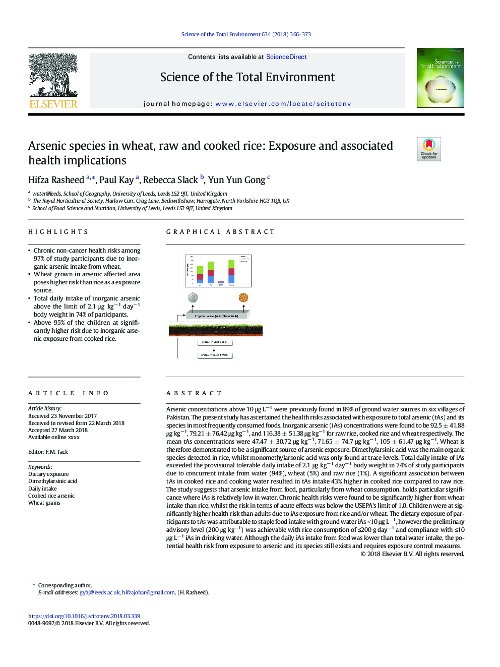 Arsenic species in wheat, raw and cooked rice: Exposure and associated health implications