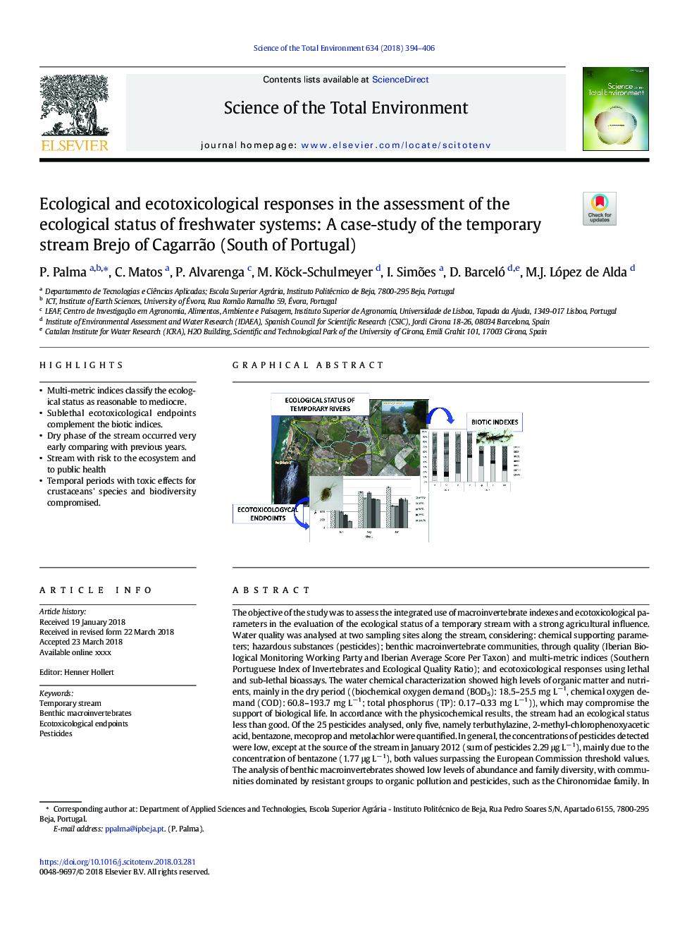 Ecological and ecotoxicological responses in the assessment of the ecological status of freshwater systems: A case-study of the temporary stream Brejo of CagarrÃ£o (South of Portugal)