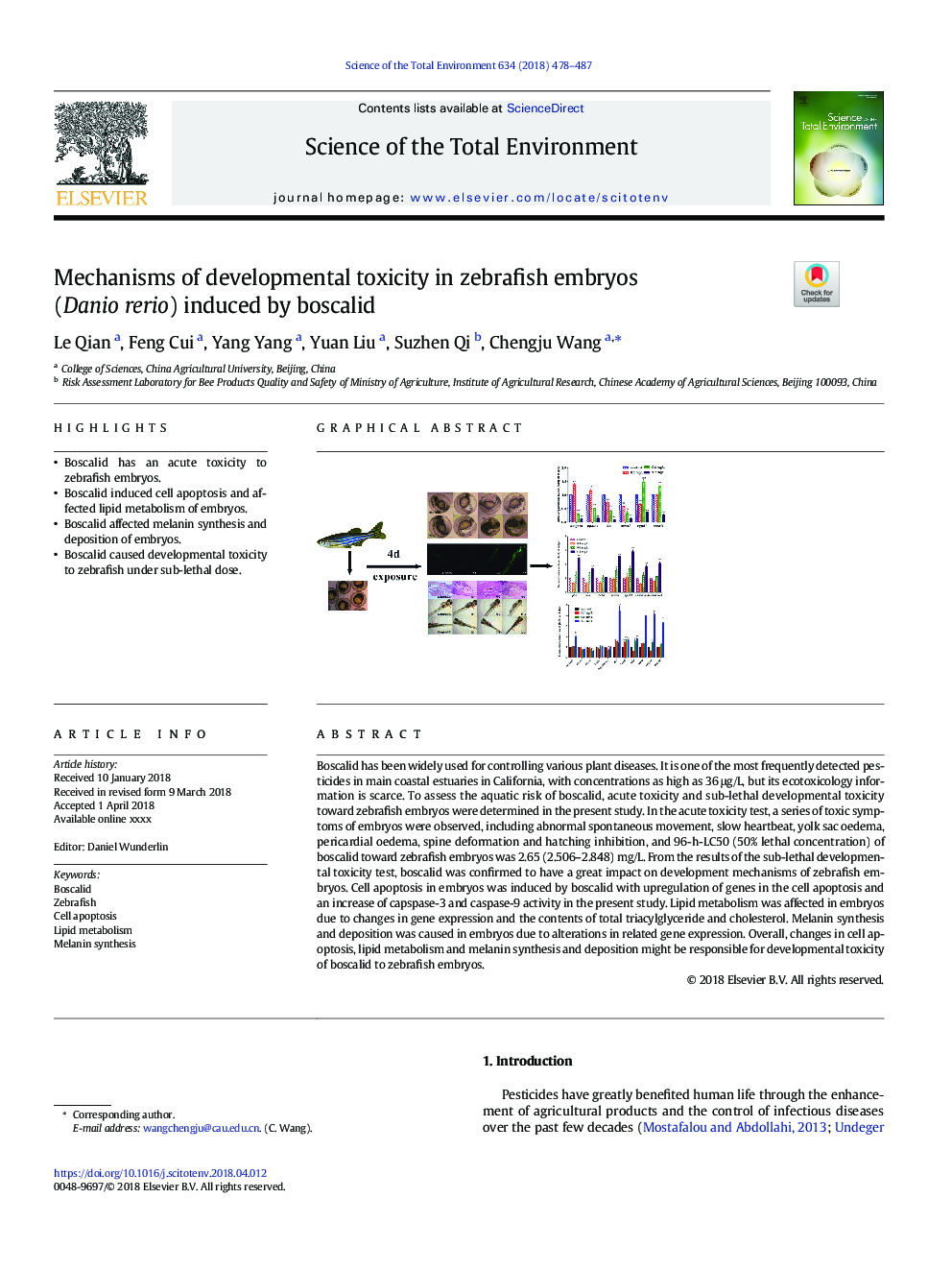 Mechanisms of developmental toxicity in zebrafish embryos (Danio rerio) induced by boscalid