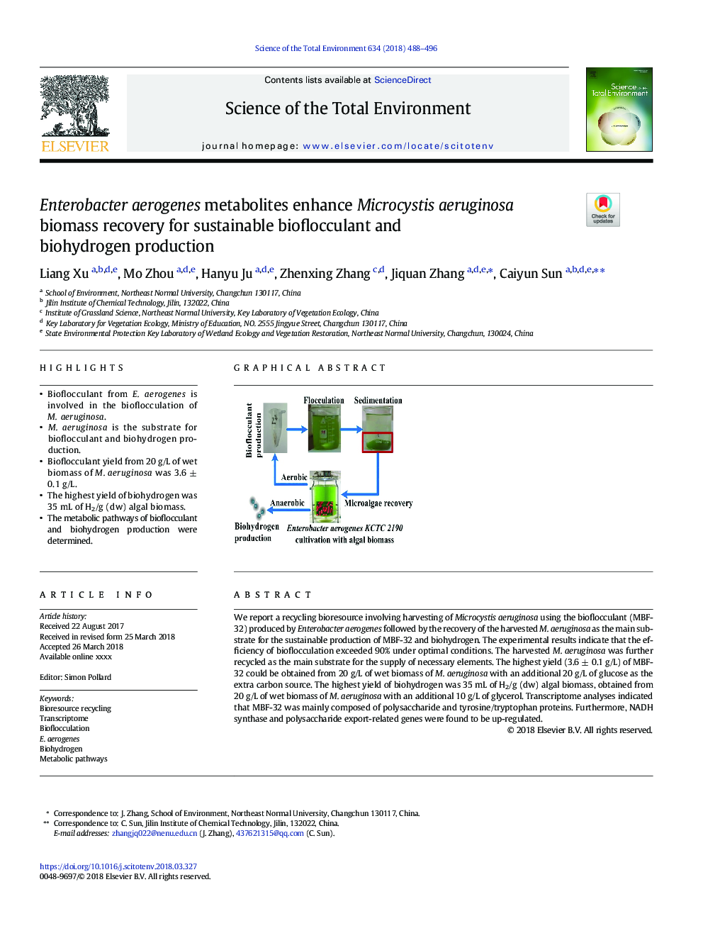 Enterobacter aerogenes metabolites enhance Microcystis aeruginosa biomass recovery for sustainable bioflocculant and biohydrogen production