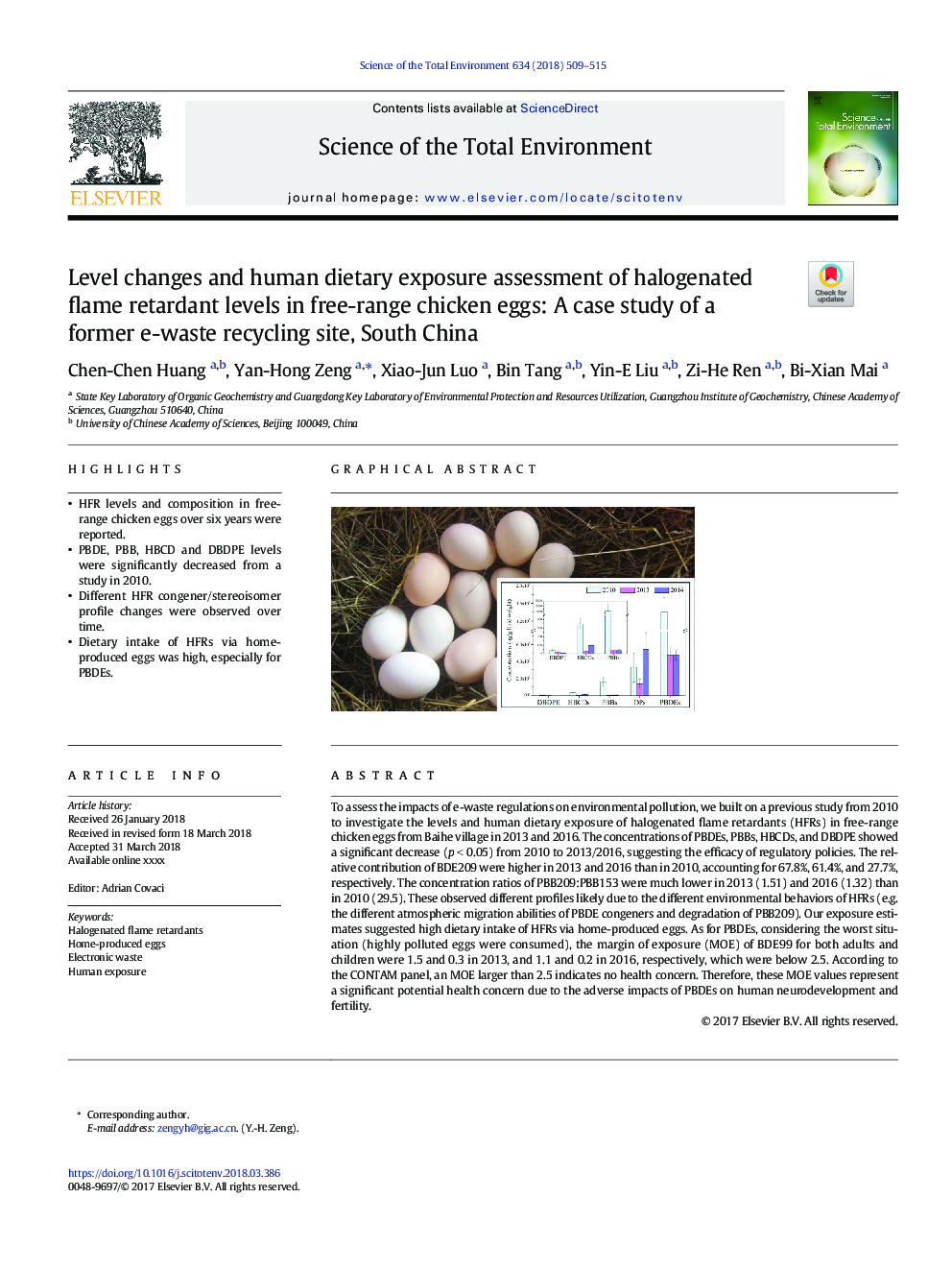 Level changes and human dietary exposure assessment of halogenated flame retardant levels in free-range chicken eggs: A case study of a former e-waste recycling site, South China