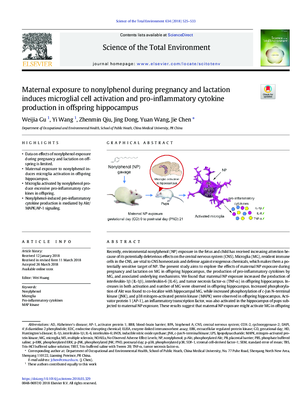 Maternal exposure to nonylphenol during pregnancy and lactation induces microglial cell activation and pro-inflammatory cytokine production in offspring hippocampus