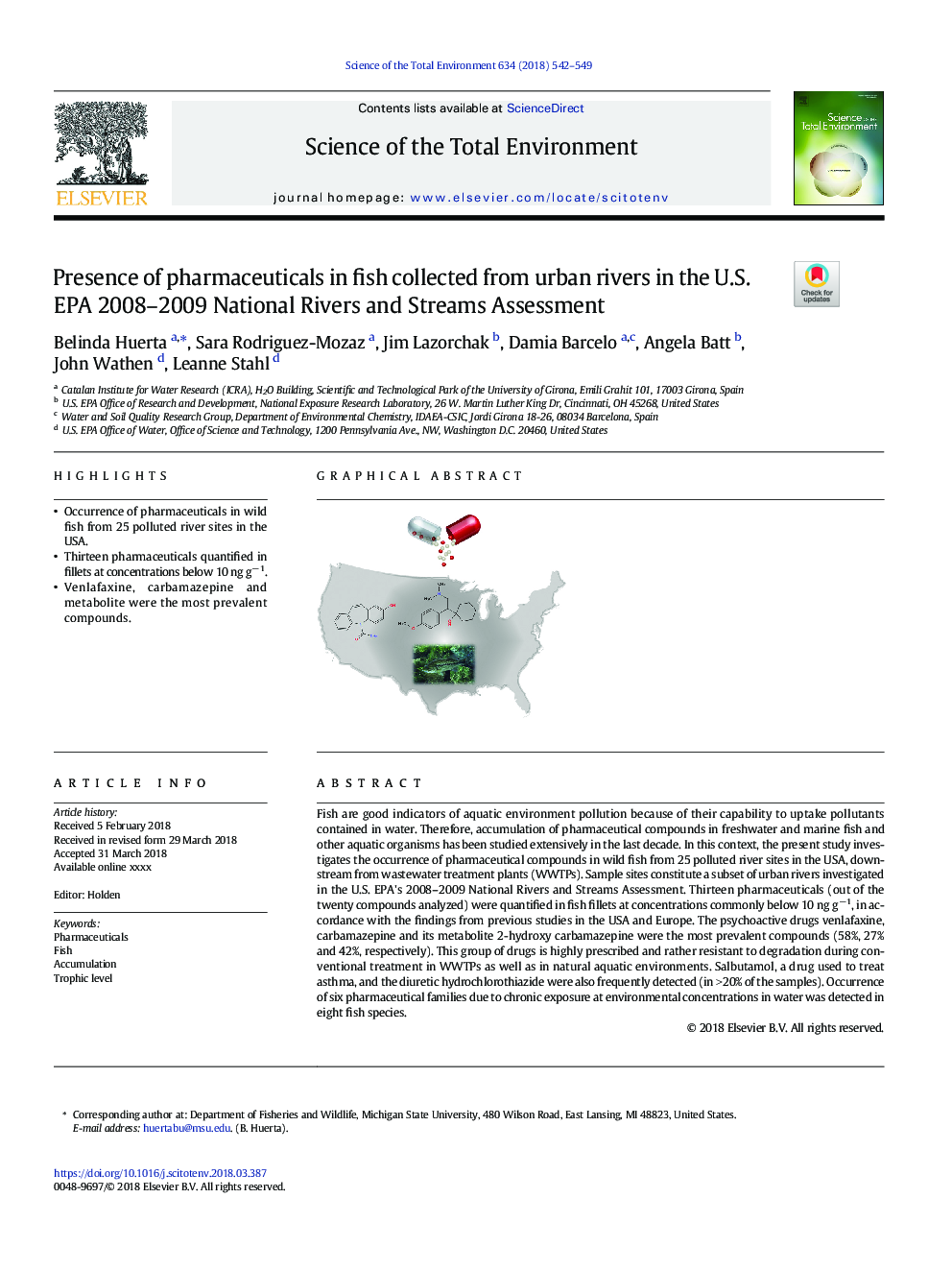 Presence of pharmaceuticals in fish collected from urban rivers in the U.S. EPA 2008-2009 National Rivers and Streams Assessment