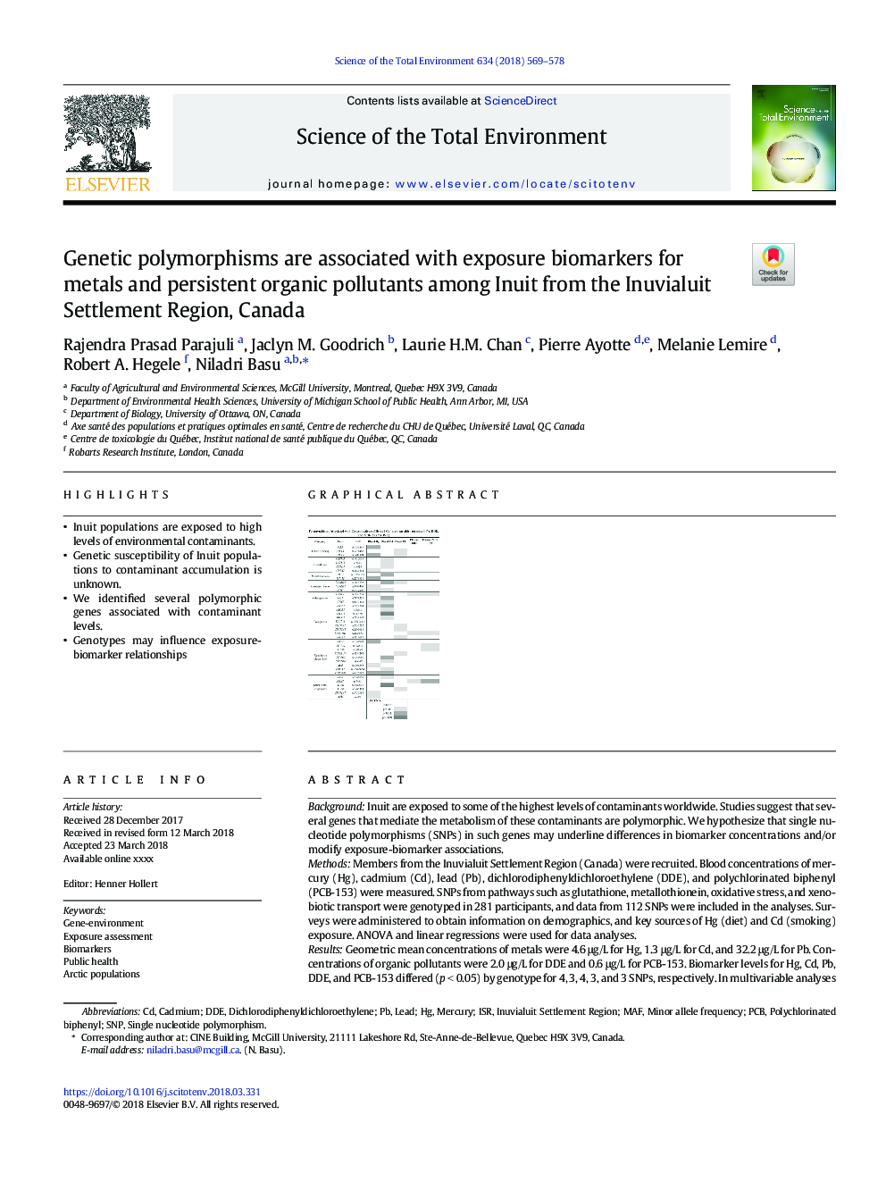 Genetic polymorphisms are associated with exposure biomarkers for metals and persistent organic pollutants among Inuit from the Inuvialuit Settlement Region, Canada