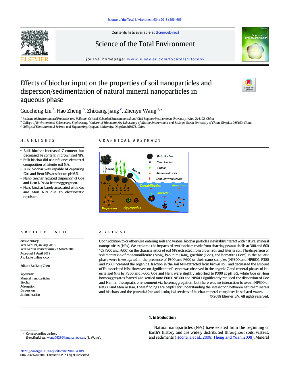 Effects of biochar input on the properties of soil nanoparticles and dispersion/sedimentation of natural mineral nanoparticles in aqueous phase