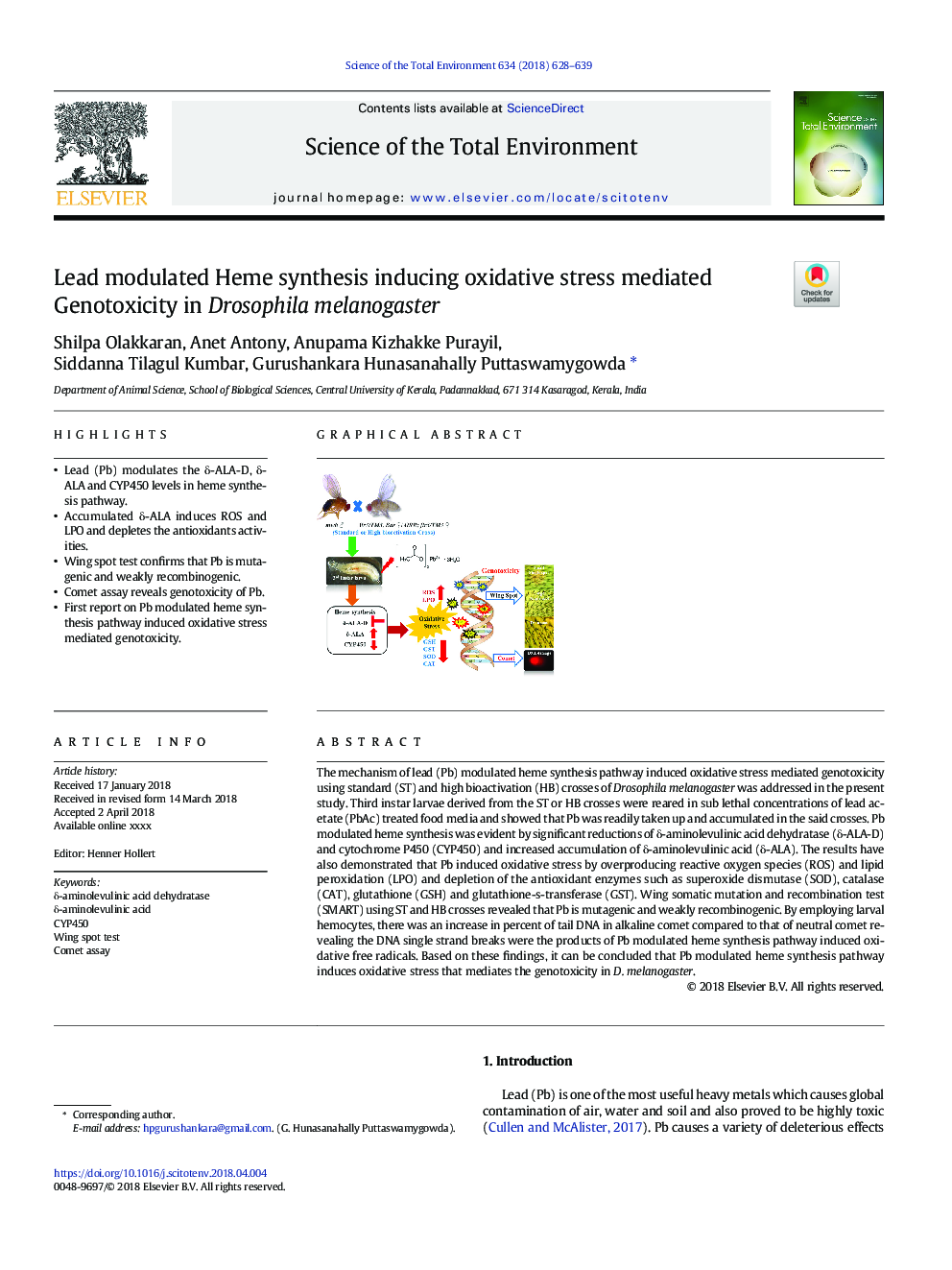 Lead modulated Heme synthesis inducing oxidative stress mediated Genotoxicity in Drosophila melanogaster