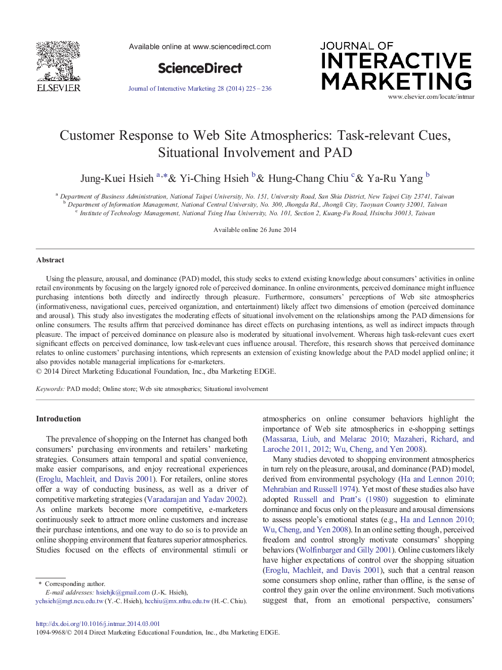 Customer Response to Web Site Atmospherics: Task-relevant Cues, Situational Involvement and PAD