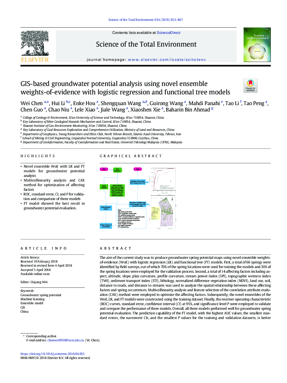 GIS-based groundwater potential analysis using novel ensemble weights-of-evidence with logistic regression and functional tree models