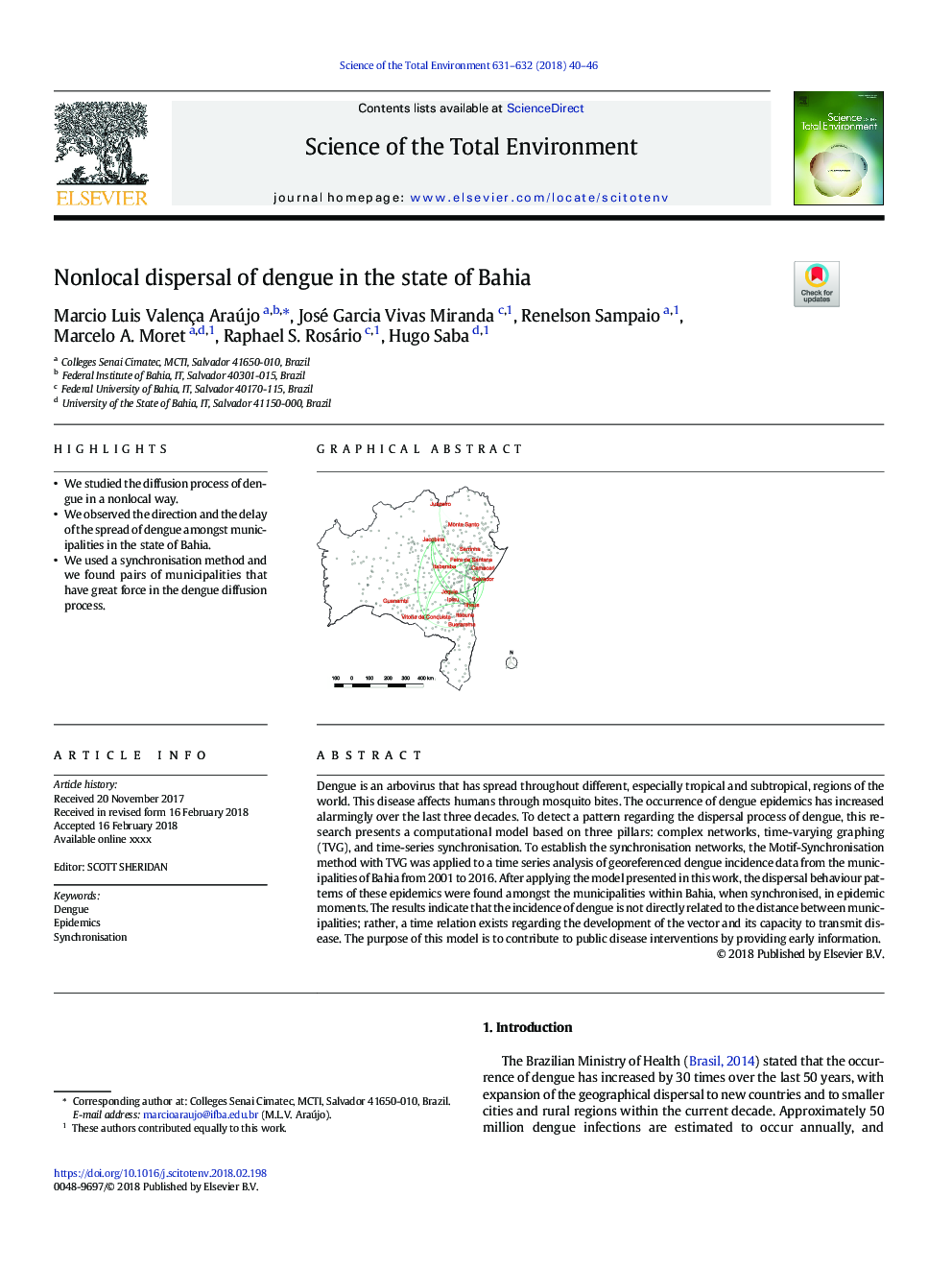 Nonlocal dispersal of dengue in the state of Bahia