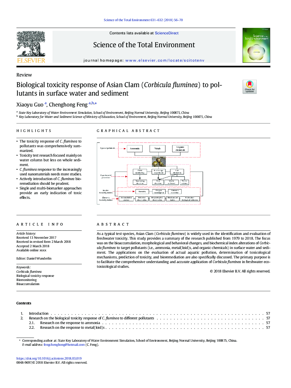 Biological toxicity response of Asian Clam (Corbicula fluminea) to pollutants in surface water and sediment