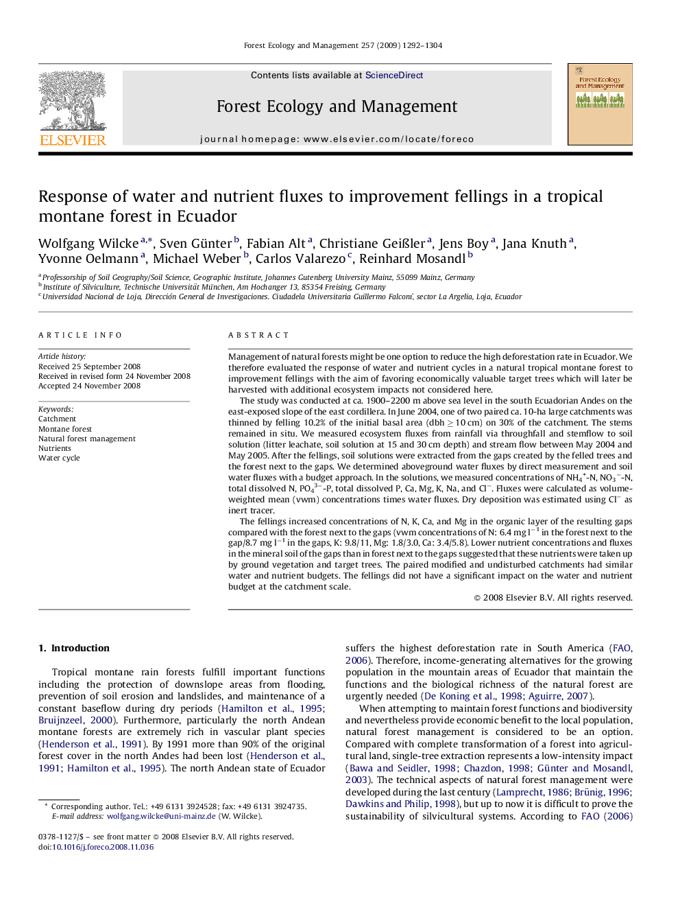 Response of water and nutrient fluxes to improvement fellings in a tropical montane forest in Ecuador